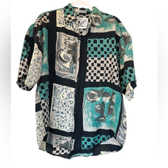 Vintage Goouch Retro Abstract Artsy Collared Short Sleeve Button Up Shirt M - Picture 1 of 7